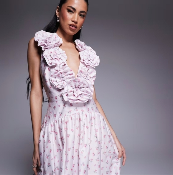 Asos Cotton Rosette Maxi Overall Dress Pink Size 14 - Picture 3 of 4